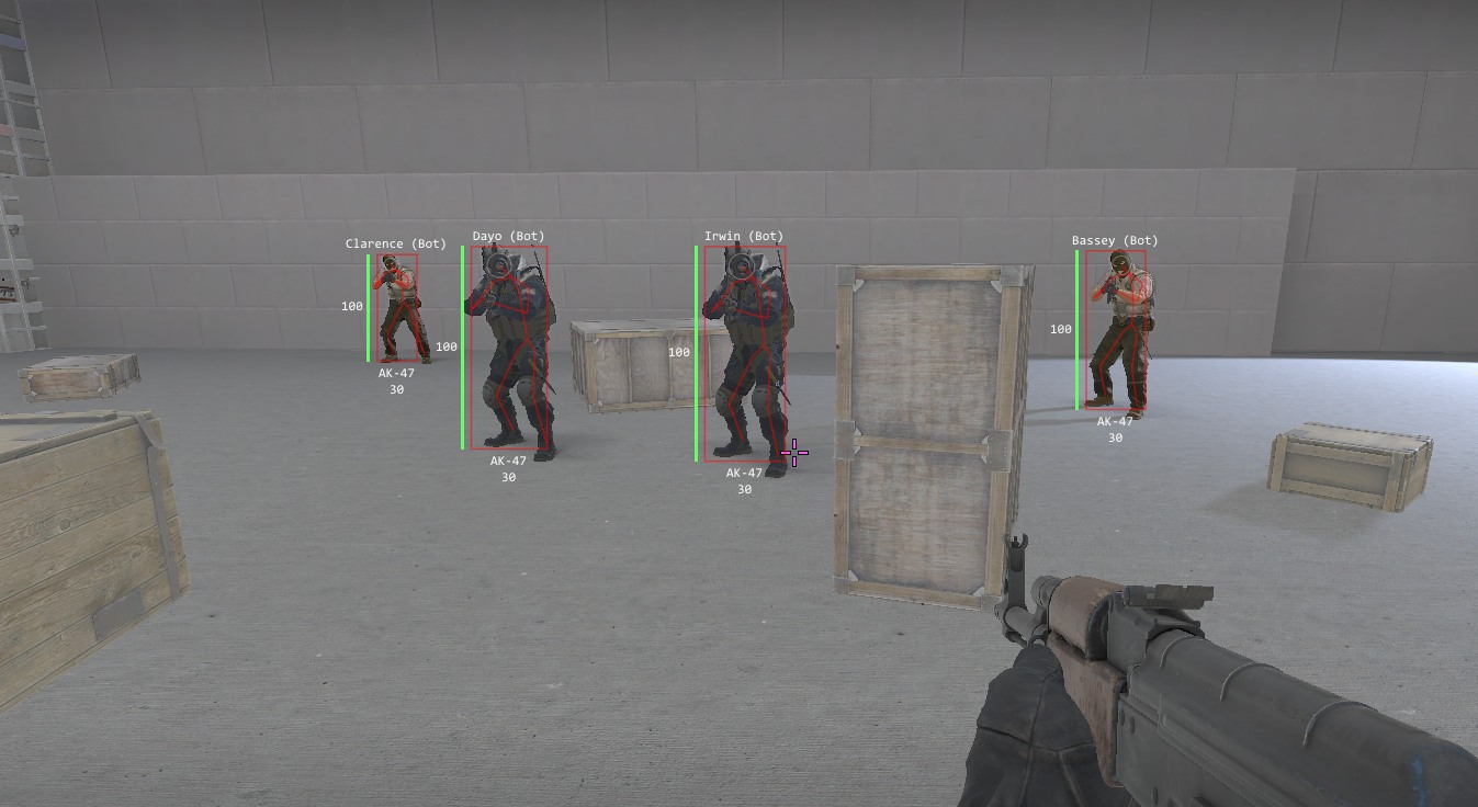 Specter running in Counter-Strike 2: boxes, skeletons, names, weapons, health and armour