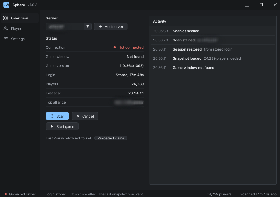 The Sphere overview: server selector, connection state, stored login, player count, last scan and an activity log