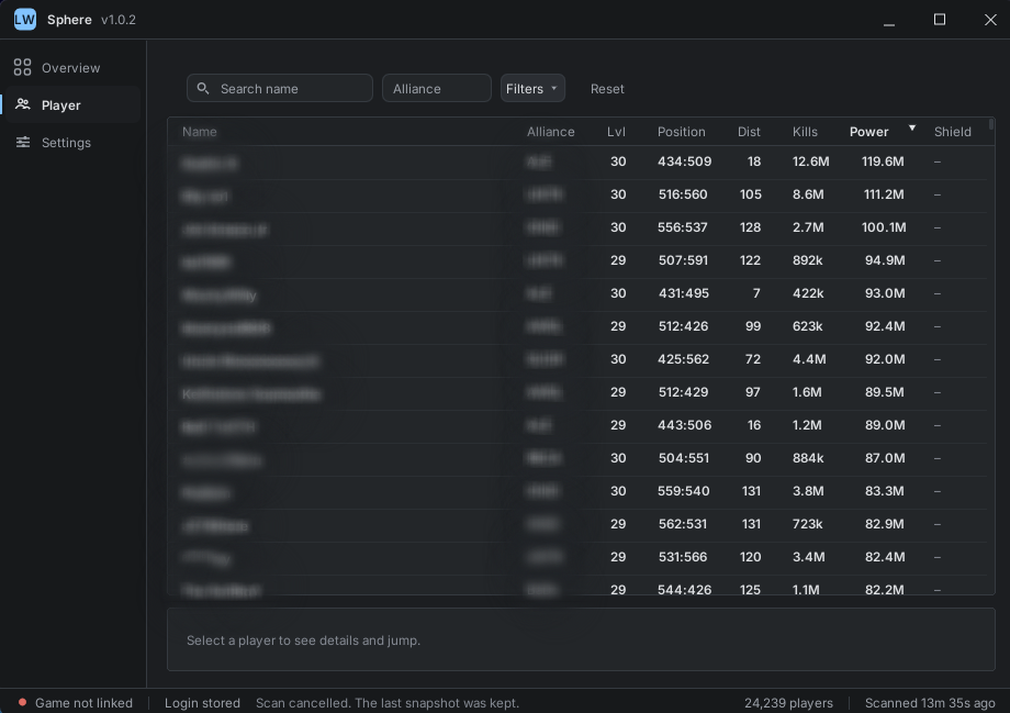 The Sphere player table: every player on the server with alliance, level, position and shield time