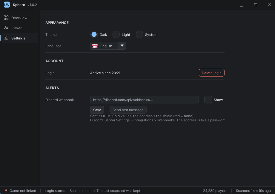 Sphere settings: theme, language, account login state and a Discord webhook for alerts